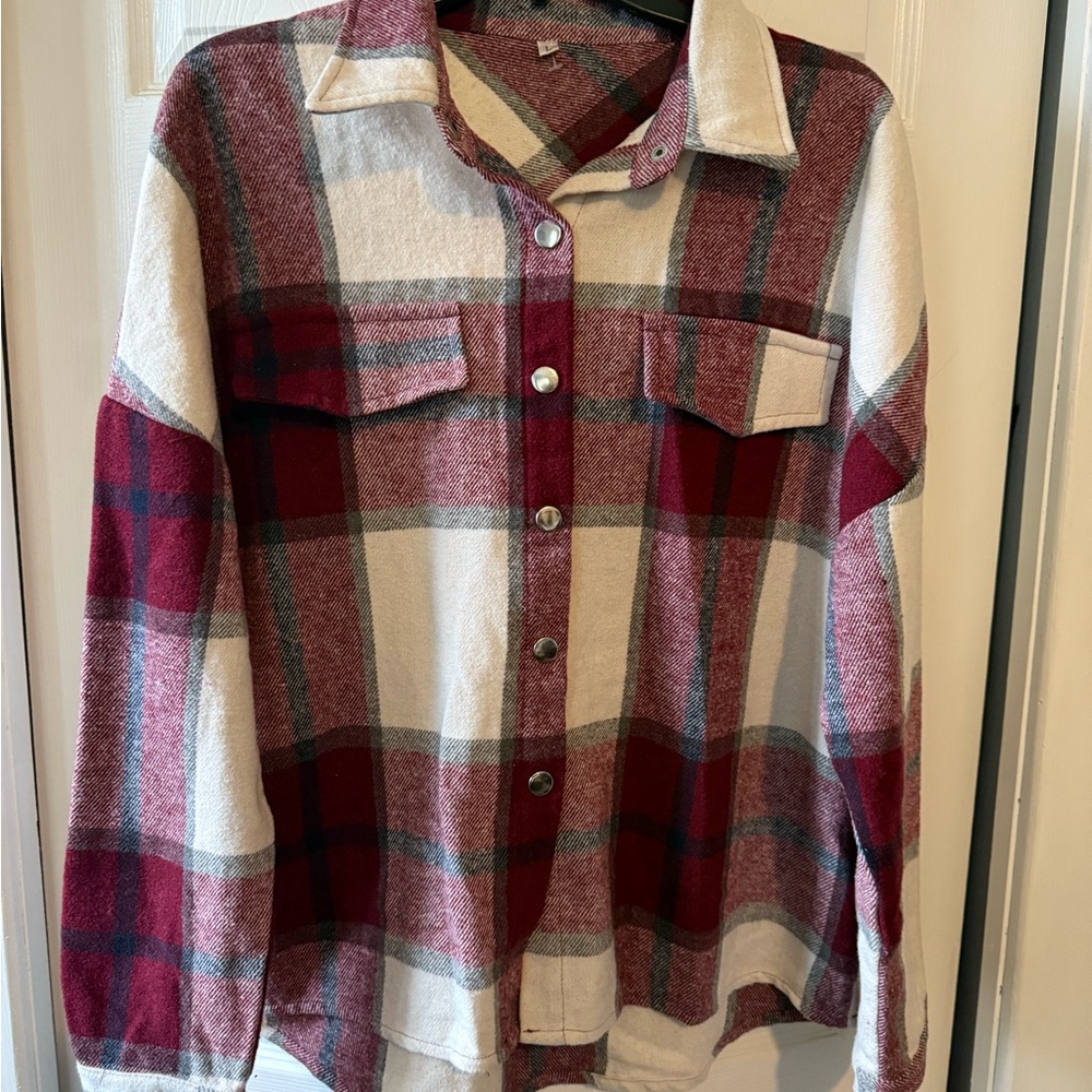 Plaid Button-Up Shaket in Burgandy and Cream